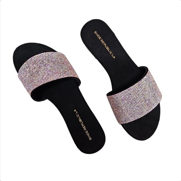 Rhinestone Embellished Slide Sandals Black Sole Multicolor Sparkle Band - Picture 3 of 6